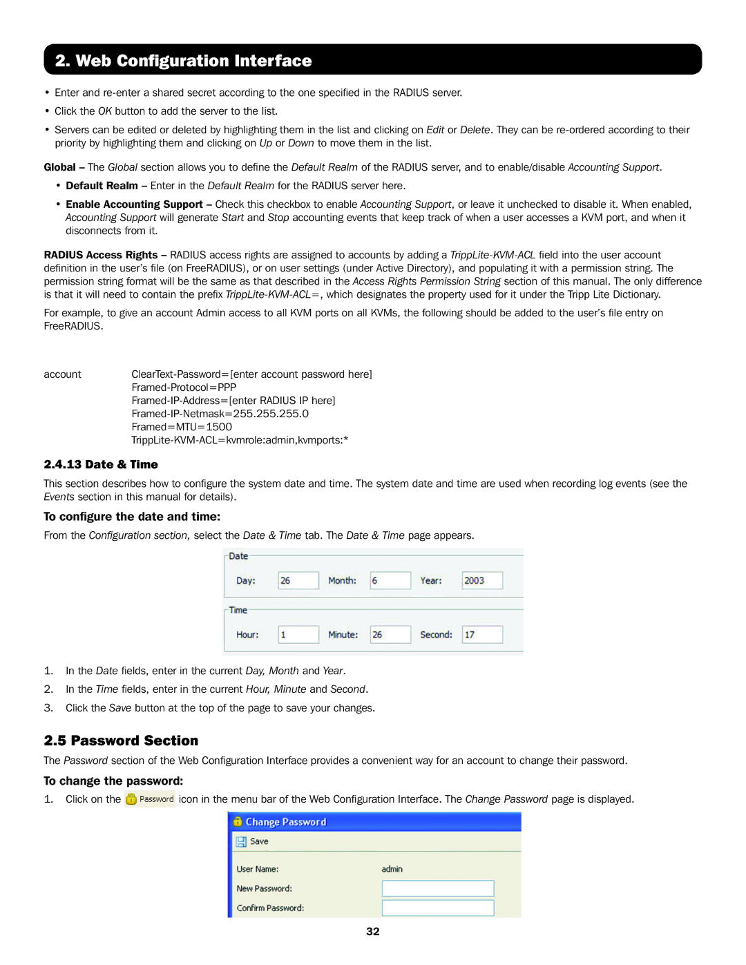 Tripp Lite B072-016-IP2 owner manual Password Section, Date & Time, To configure the date and time, To change the password 