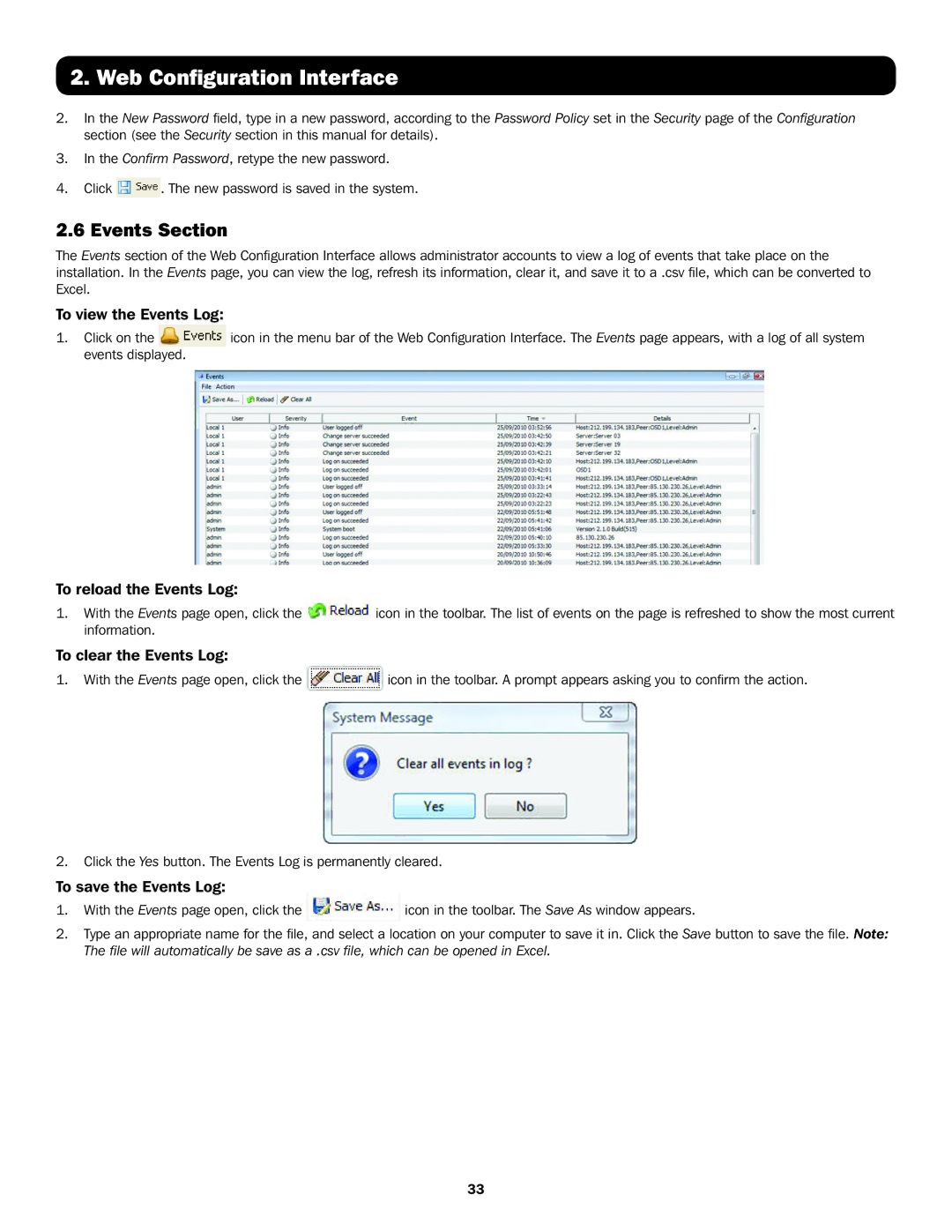 Tripp Lite B072-032-IP4 Events Section, To view the Events Log, To reload the Events Log, To clear the Events Log 