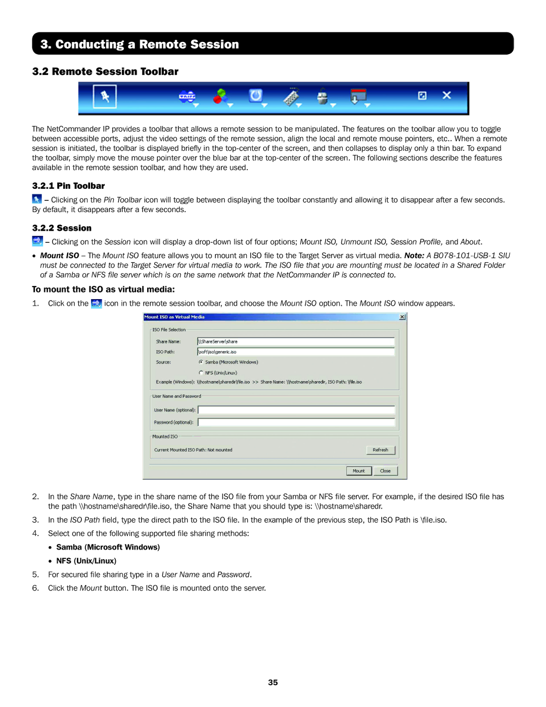 Tripp Lite B072-016-IP4, B072-016-IP2, B072-032-IP4 Remote Session Toolbar, Pin Toolbar, To mount the ISO as virtual media 