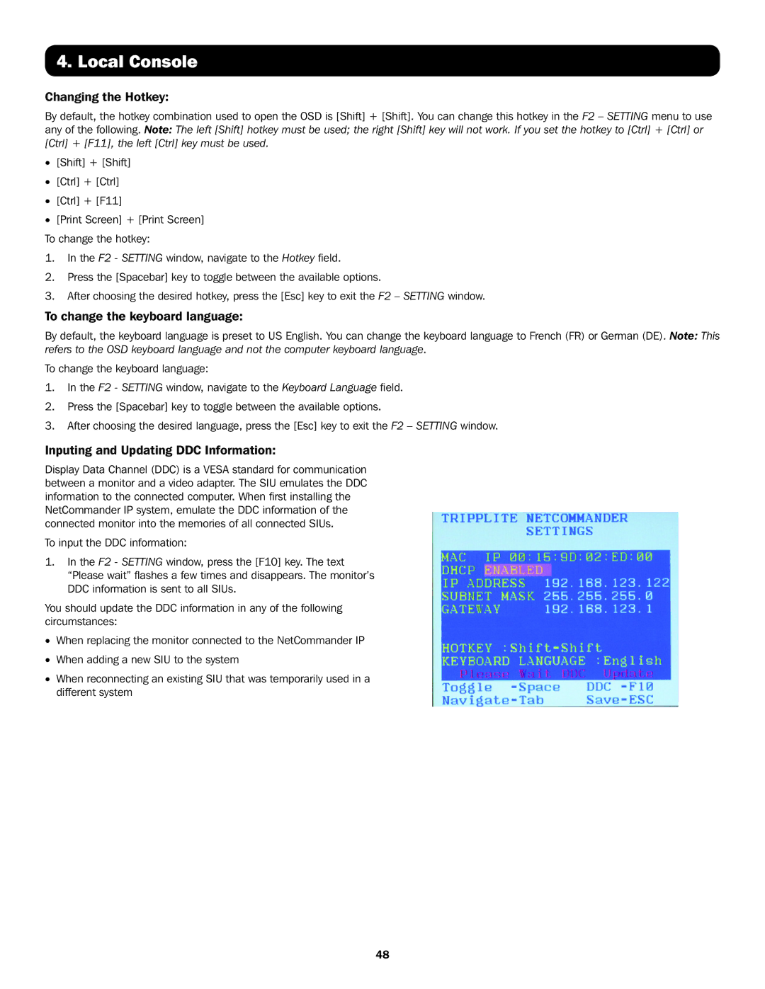 Tripp Lite B072-016-IP2 Changing the Hotkey, To change the keyboard language, Inputing and Updating DDC Information 