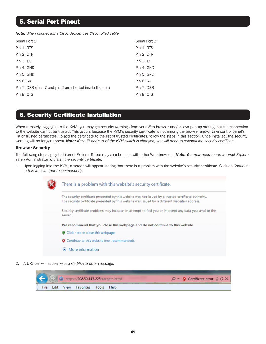 Tripp Lite B072-032-IP4, B072-016-IP2, B072-032-IP2 Serial Port Pinout, Security Certificate Installation, Browser Security 