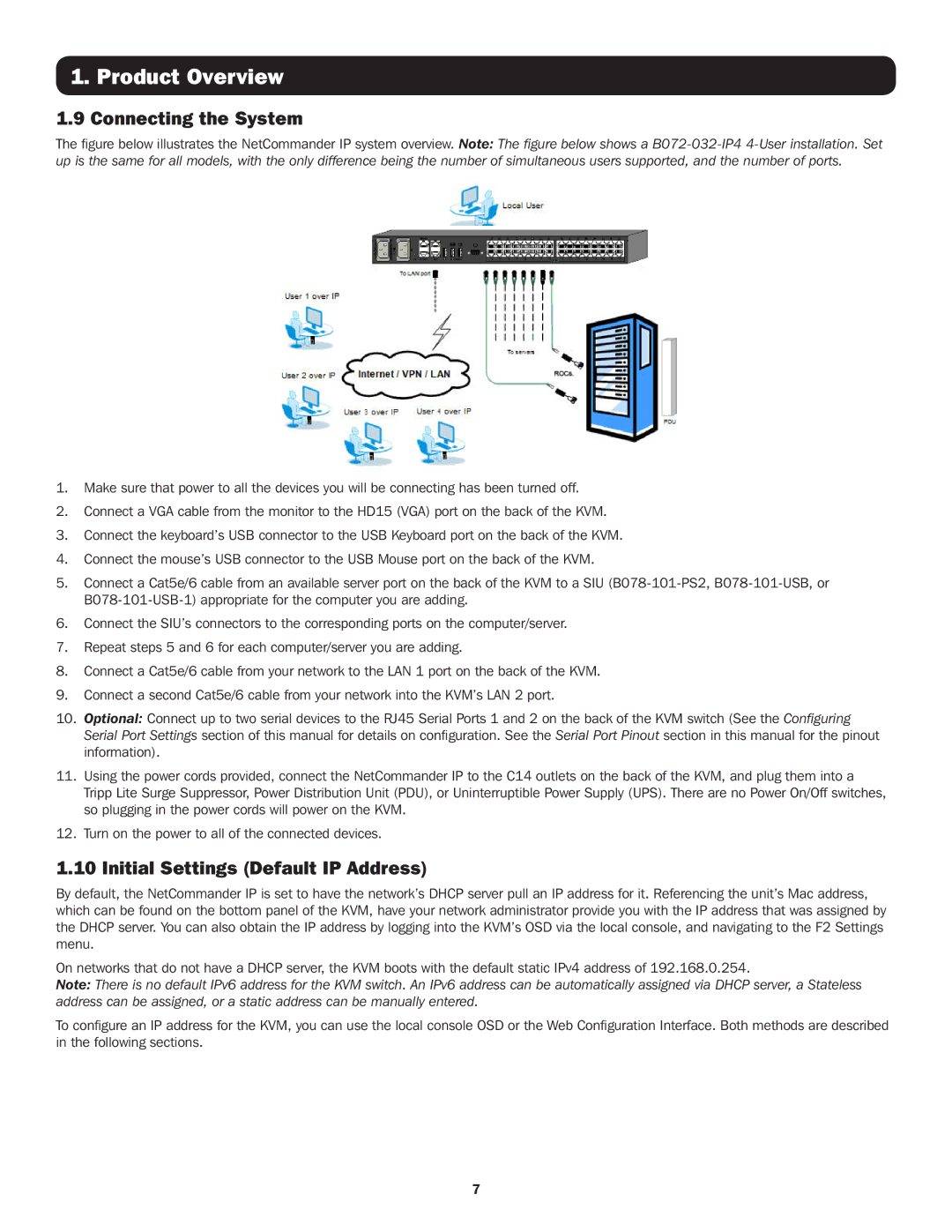 Tripp Lite B072-016-IP4, B072-016-IP2, B072-032-IP4, B072-032-IP2 Connecting the System, Initial Settings Default IP Address 