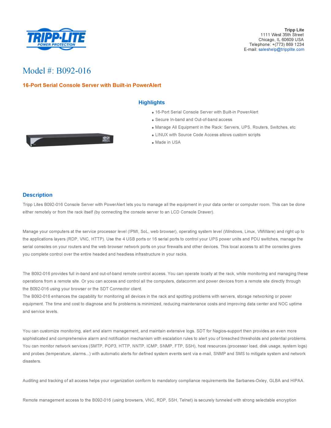 Tripp Lite manual Highlights, Description, Model # B092-016, Port Serial Console Server with Built-in PowerAlert 