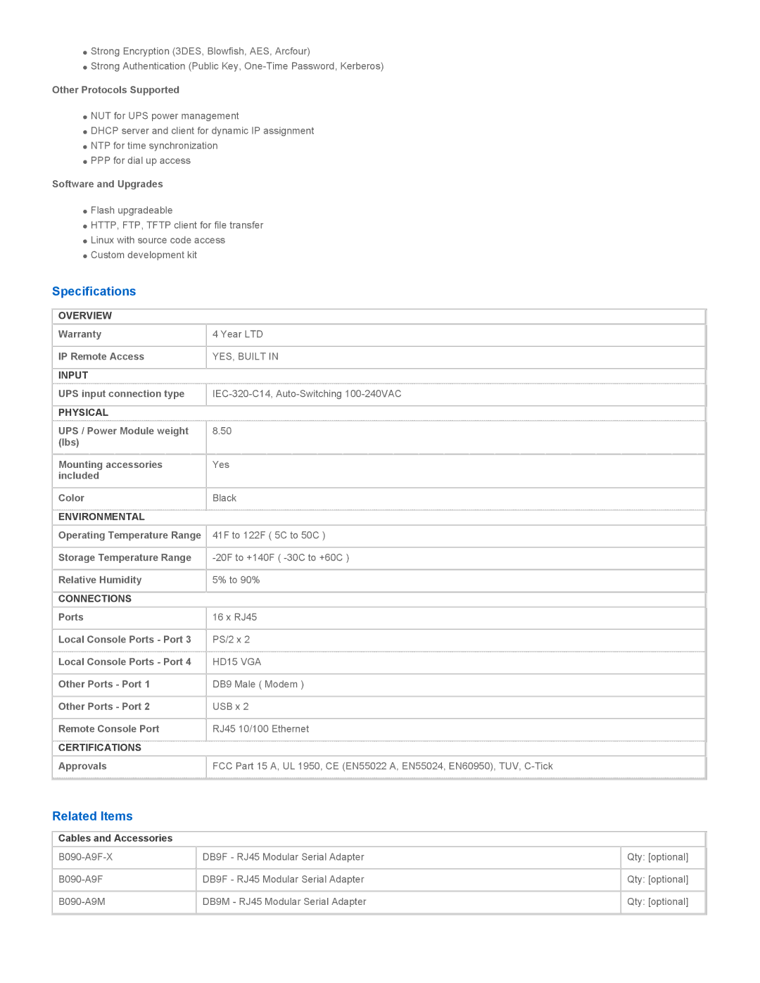 Tripp Lite B092-016 manual Specifications, Related Items 