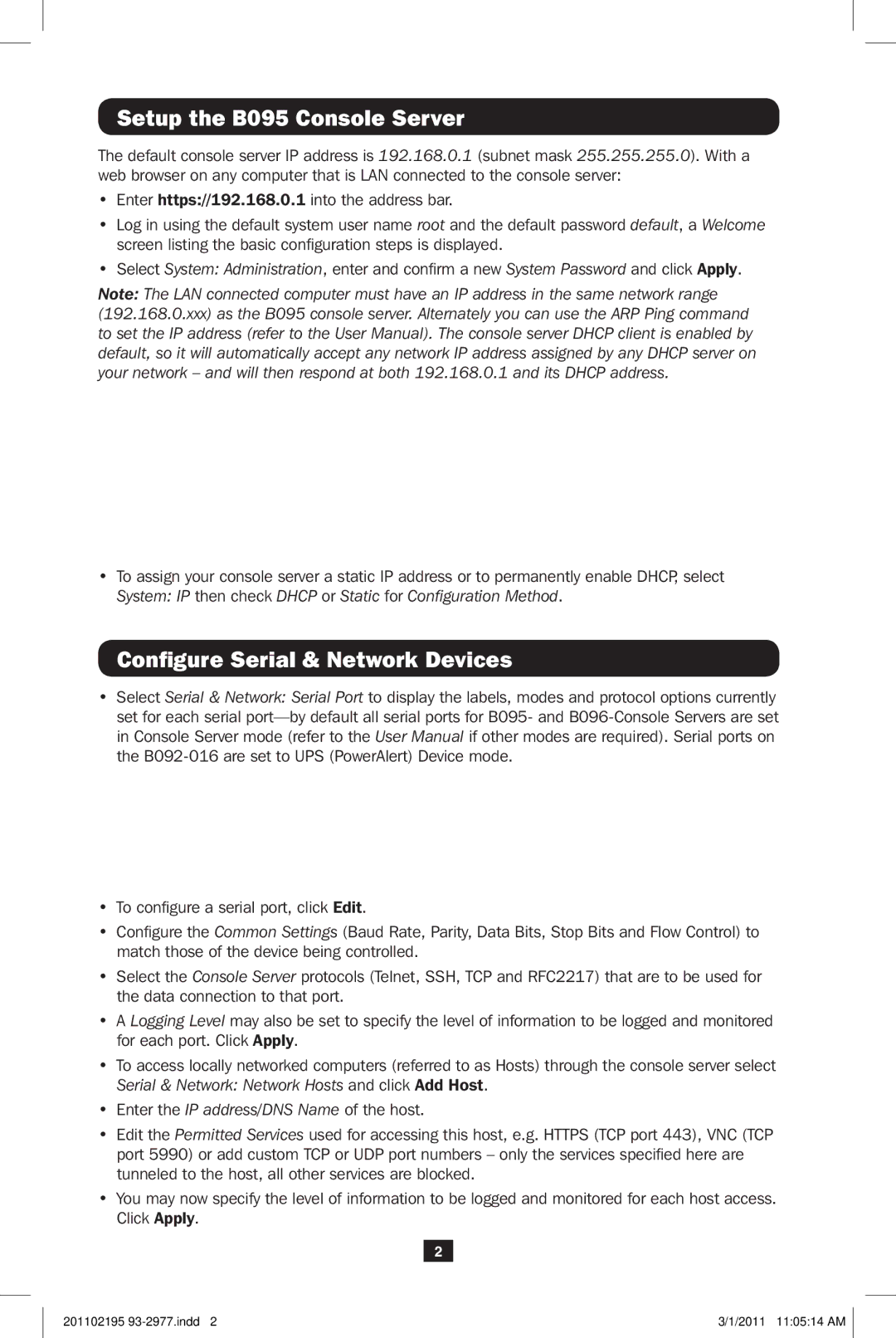 Tripp Lite B095-003-1E-M, B095-004-1E quick start Setup the B095 Console Server, Configure Serial & Network Devices 