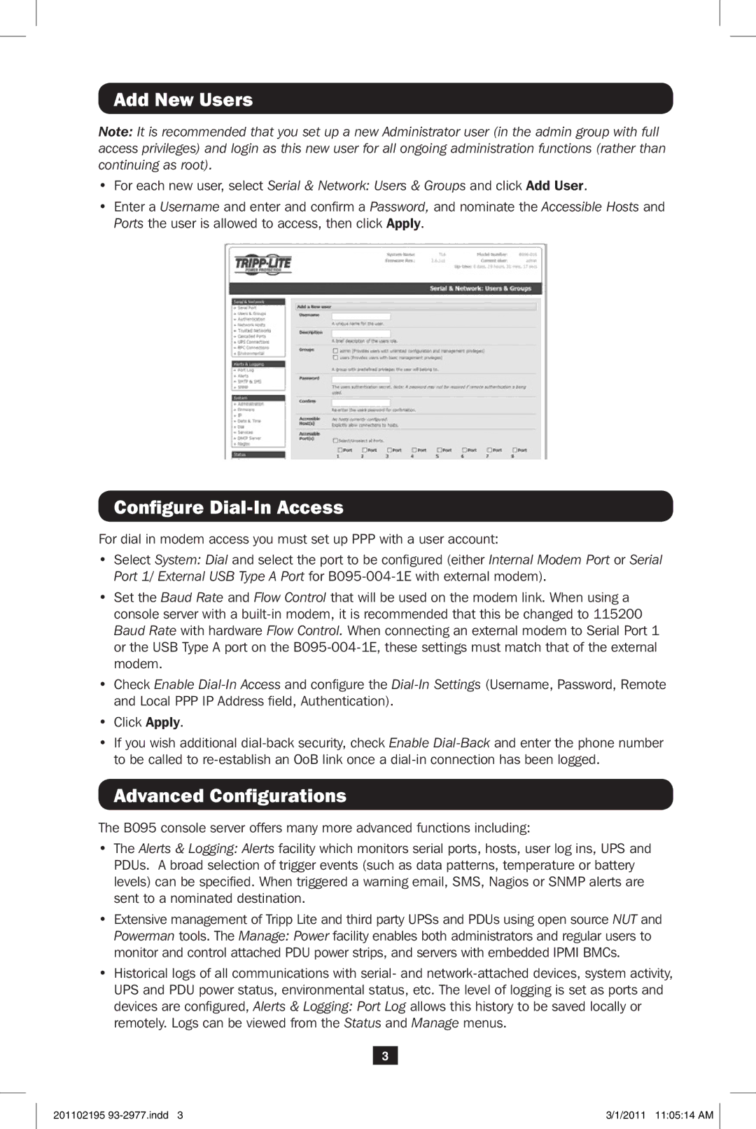 Tripp Lite B095-004-1E, B095-003-1E-M quick start Add New Users, Configure Dial-In Access, Advanced Configurations 