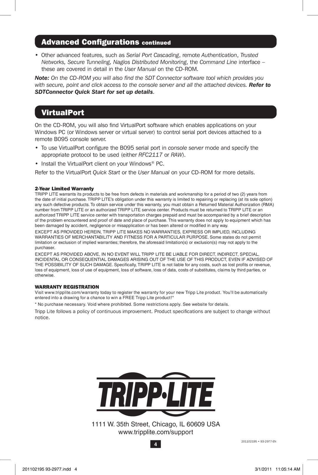 Tripp Lite B095-003-1E-M, B095-004-1E quick start Advanced Configurations VirtualPort, Year Limited Warranty 