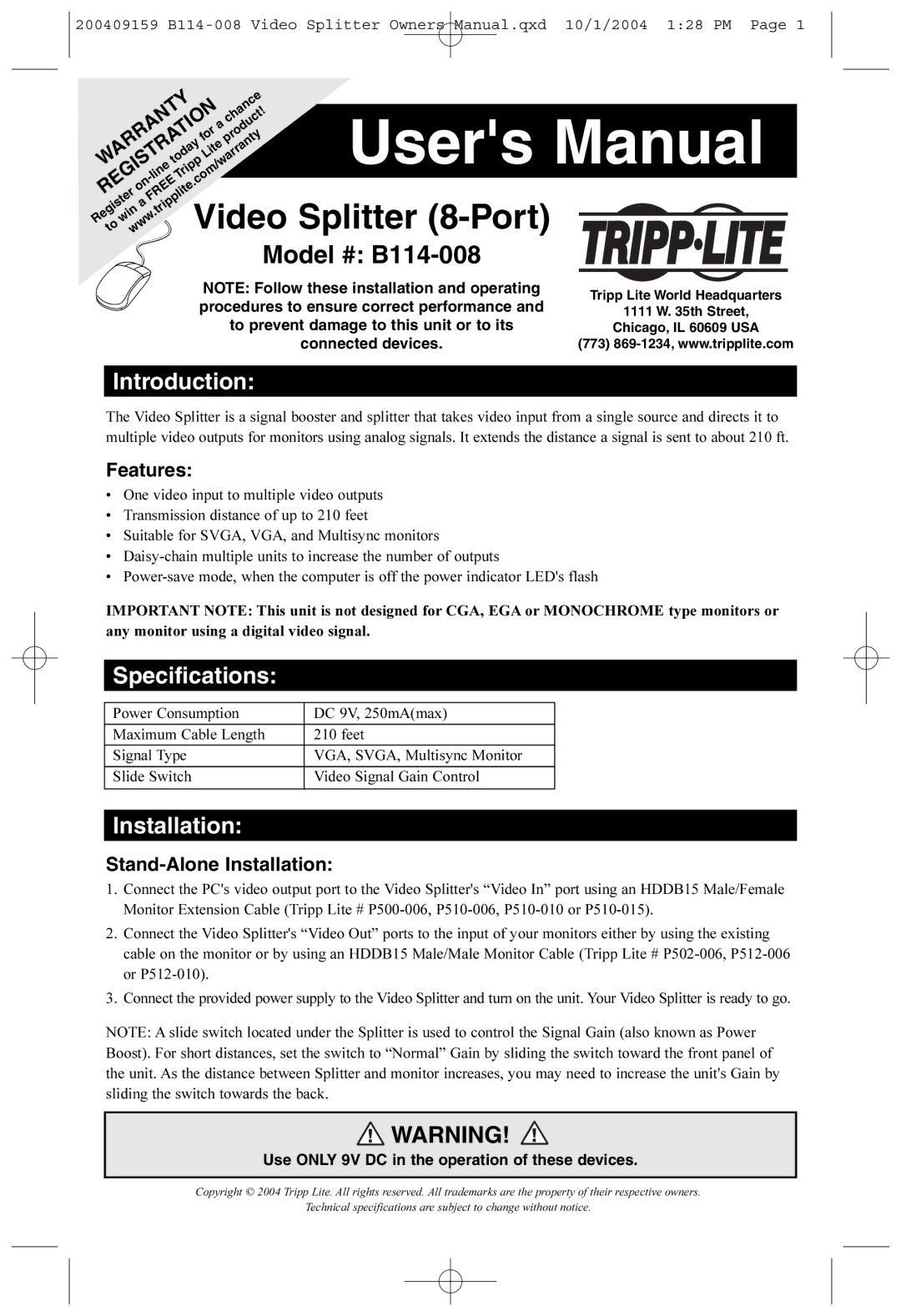 Tripp Lite B114-008 user manual Introduction, Specifications, Features, Stand-Alone Installation 