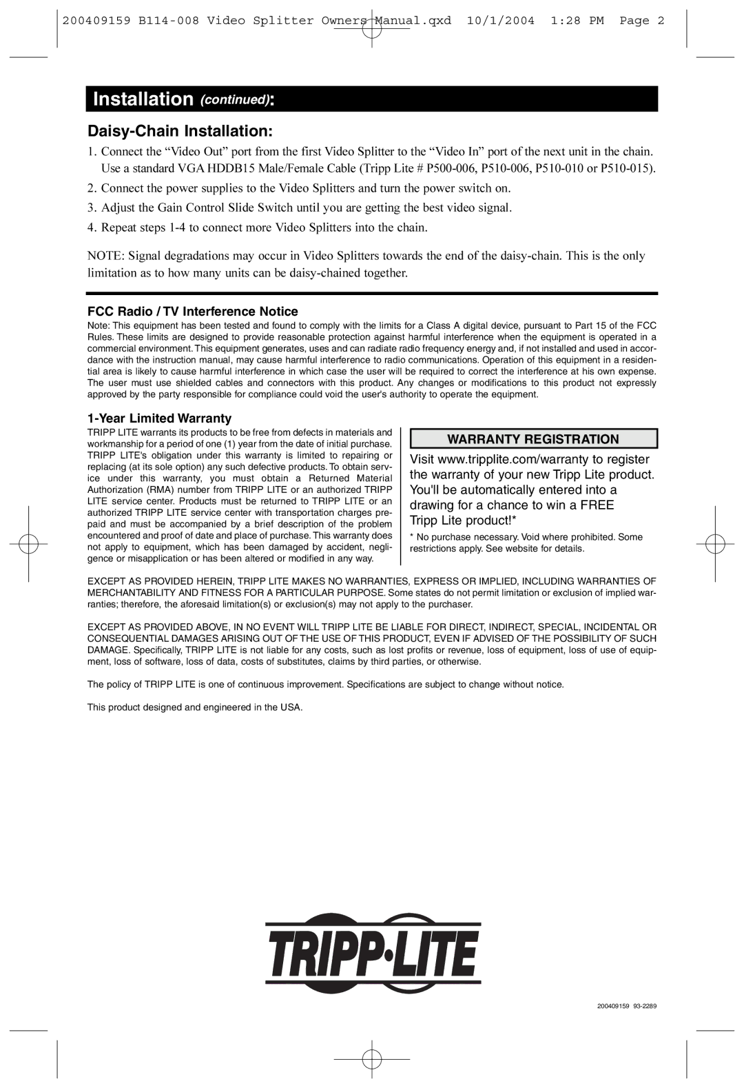 Tripp Lite B114-008 user manual Daisy-Chain Installation, FCC Radio / TV Interference Notice Year Limited Warranty 