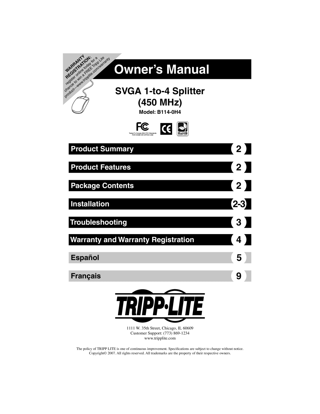 Tripp Lite B114-0H4 owner manual Svga 1-to-4 Splitter 450 MHz 