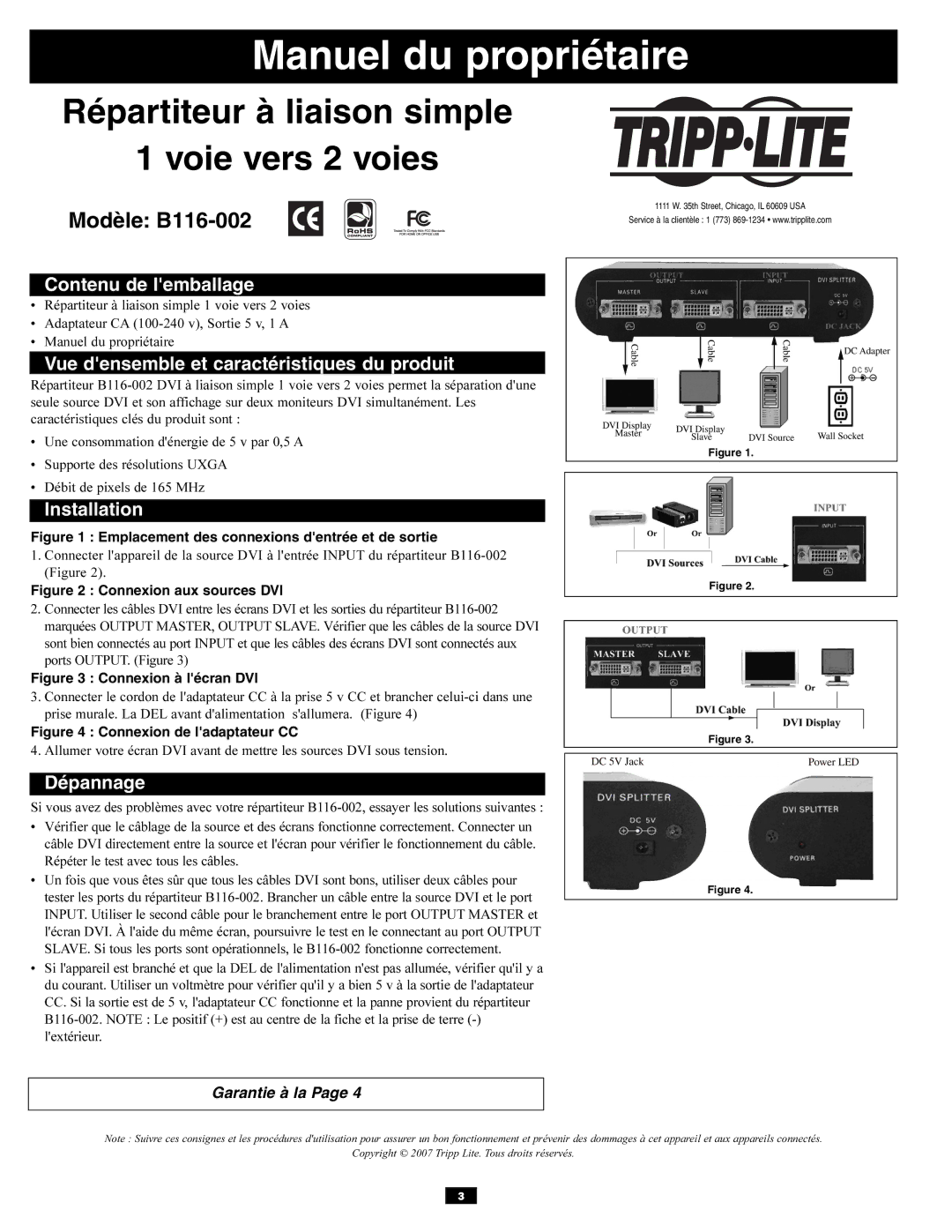 Tripp Lite Répartiteur à liaison simple Voie vers 2 voies, Modèle B116-002, Contenu de lemballage, Dépannage 