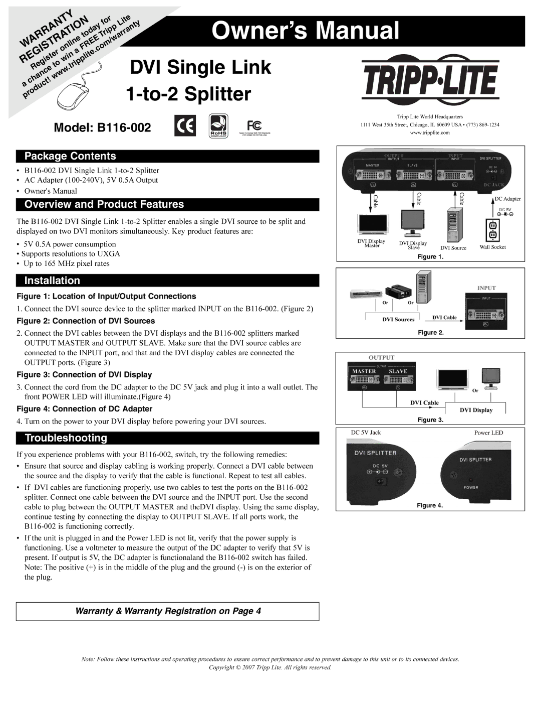 Tripp Lite owner manual DVI Single Link, To-2 Splitter, Model B116-002 