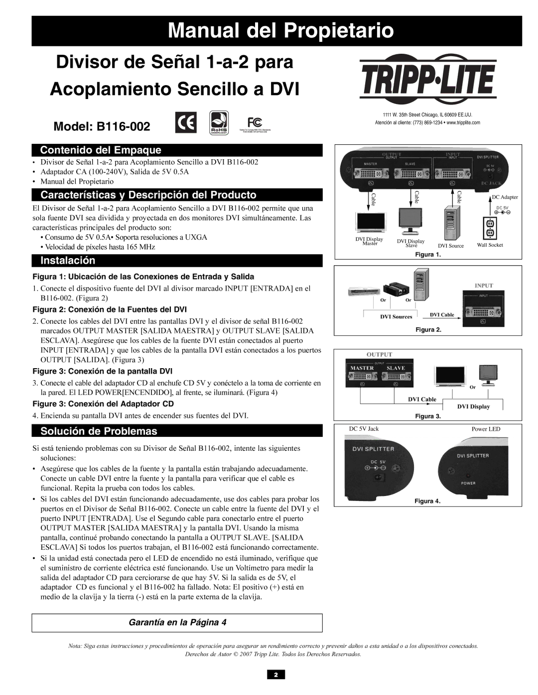 Tripp Lite B116-002 Contenido del Empaque, Características y Descripción del Producto, Instalación, Solución de Problemas 