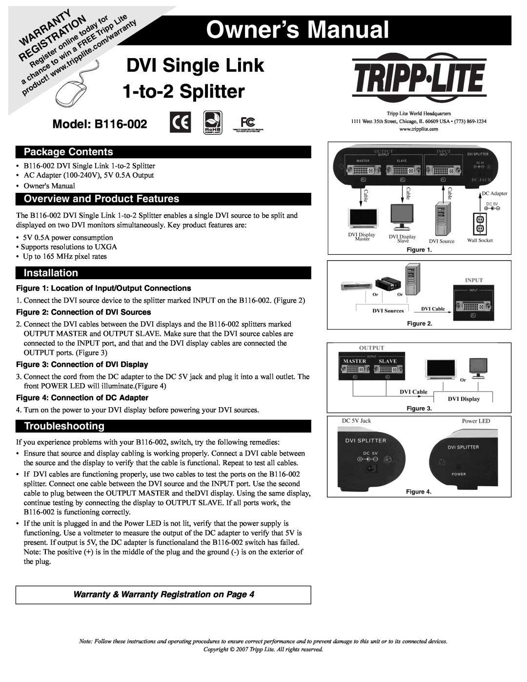 Tripp Lite owner manual DVI Single Link, 1-to-2Splitter, Model B116-002, Package Contents, Installation, Warranty, Lite 