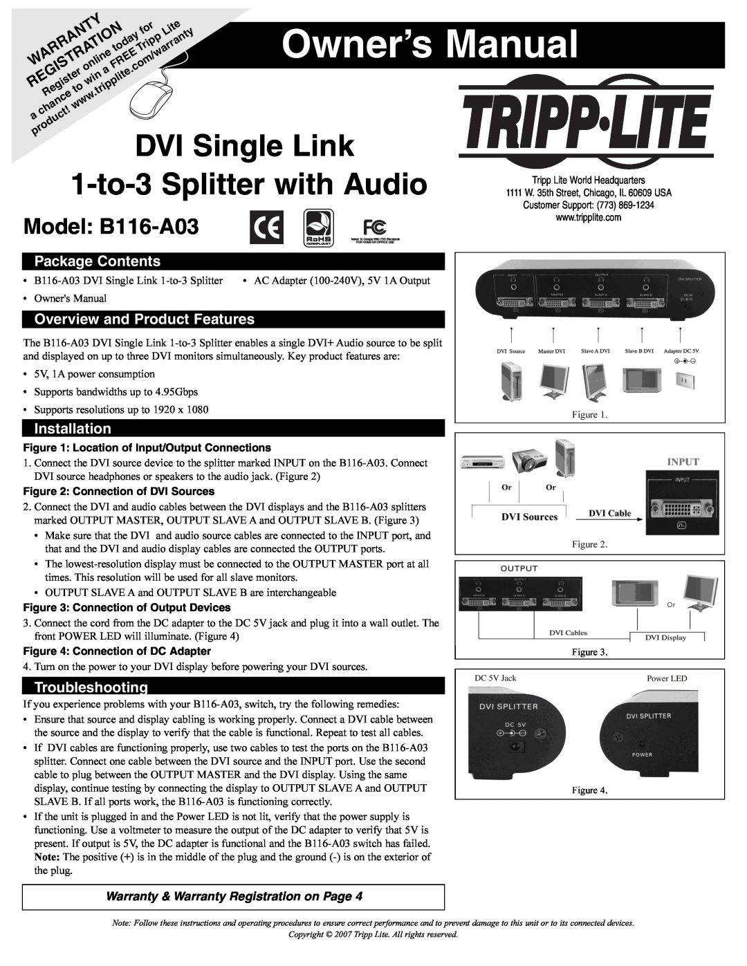 Tripp Lite owner manual Model B116-A03, Package Contents, Overview and Product Features, Installation, Troubleshooting 
