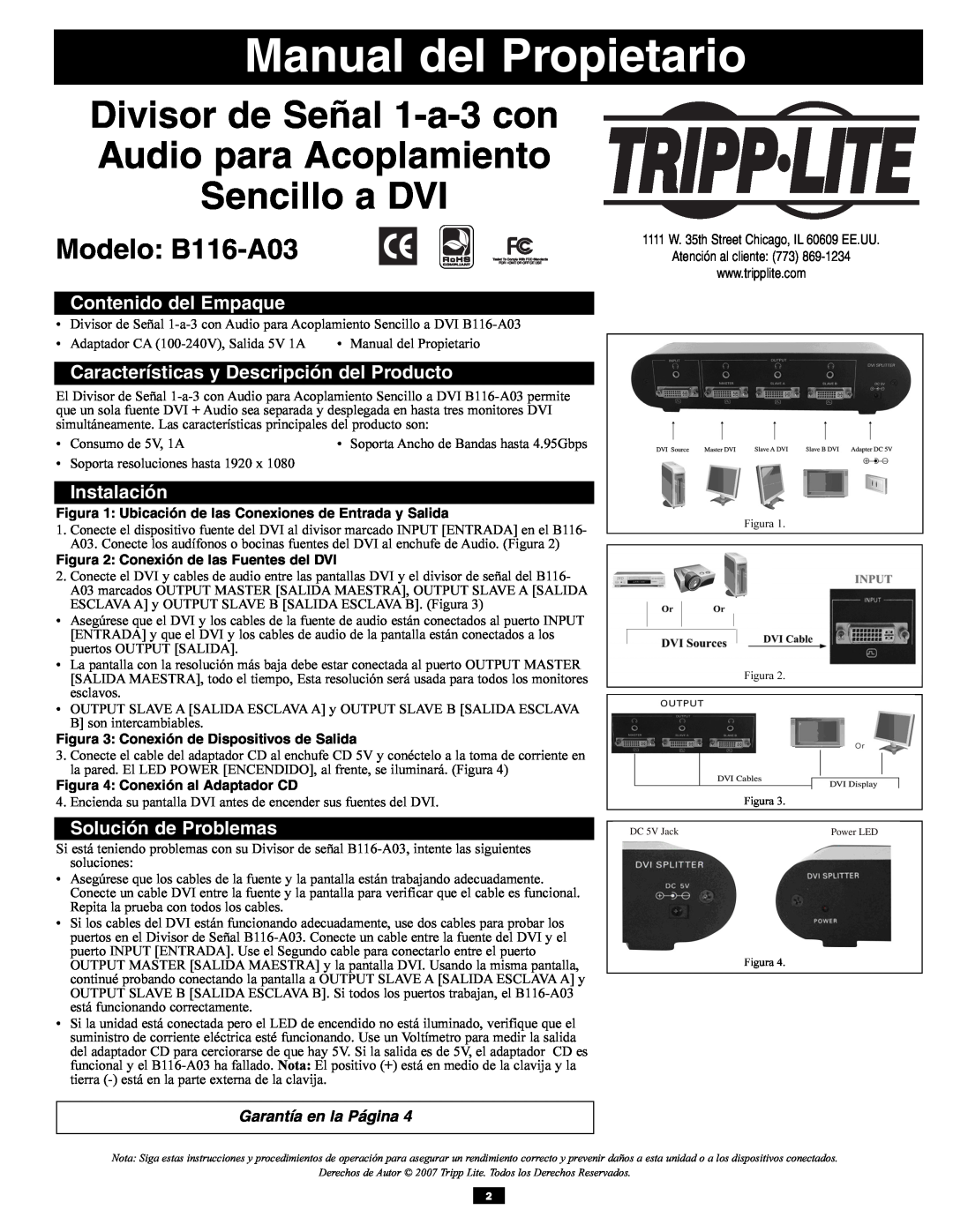 Tripp Lite B116-A03 Manual del Propietario, Divisor de Señal 1-a-3 con Audio para Acoplamiento Sencillo a DVI, Instalación 