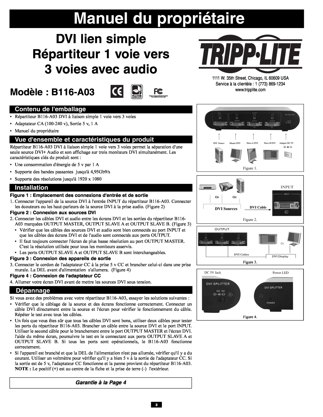 Tripp Lite Manuel du propriétaire, DVI lien simple Répartiteur 1 voie vers 3 voies avec audio, Modèle B116-A03 