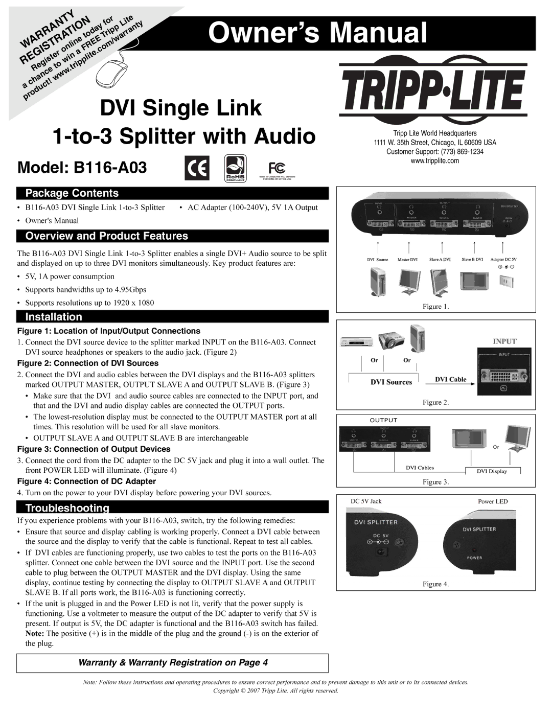 Tripp Lite owner manual Model B116-A03, Package Contents, Overview and Product Features, Installation, Troubleshooting 