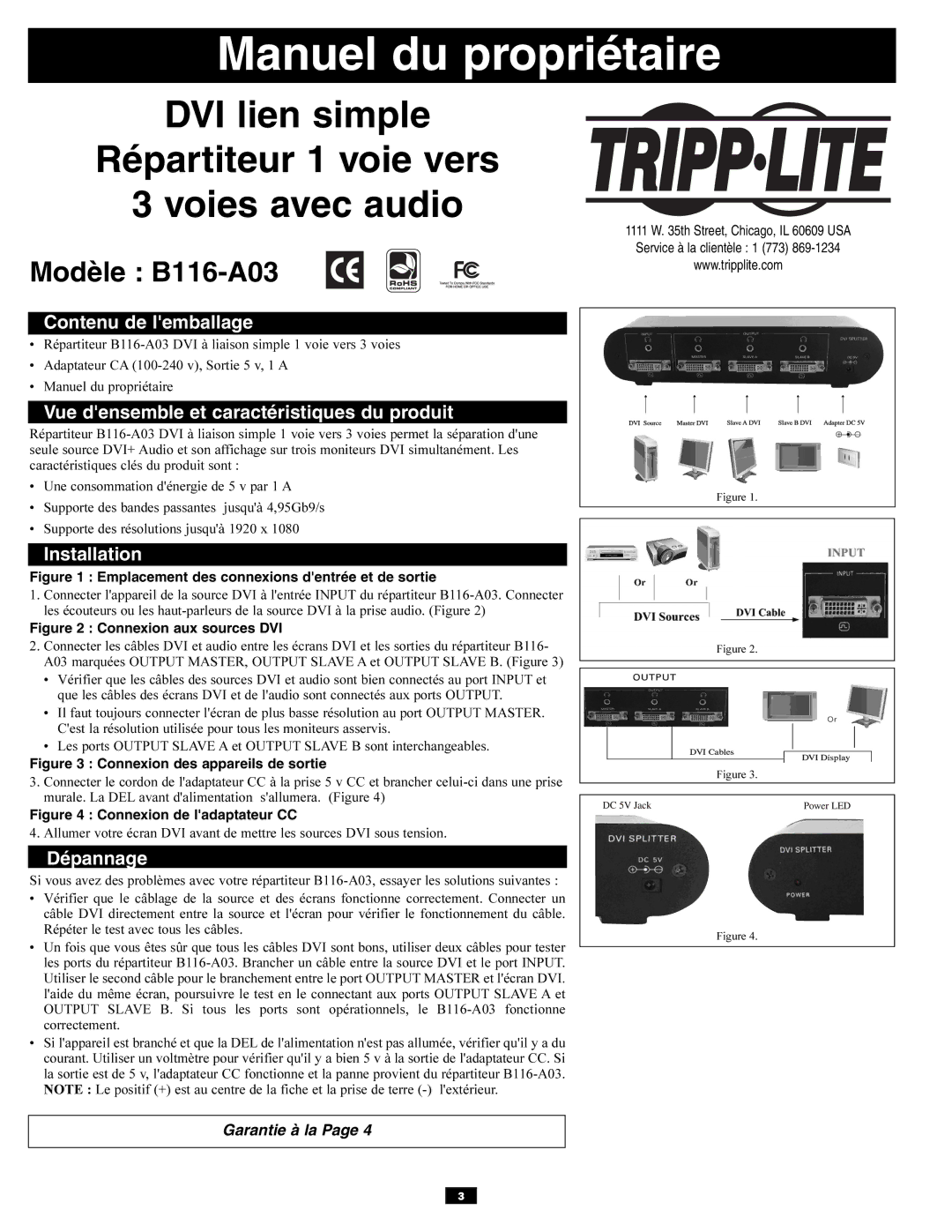 Tripp Lite Manuel du propriétaire, Modèle B116-A03, Contenu de lemballage, Vue densemble et caractéristiques du produit 