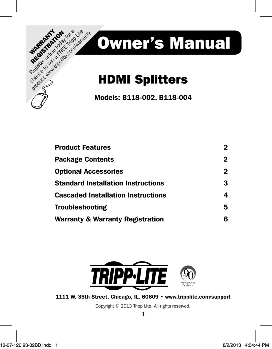 Tripp Lite B118-002, B118-004 owner manual Hdmi Splitters 