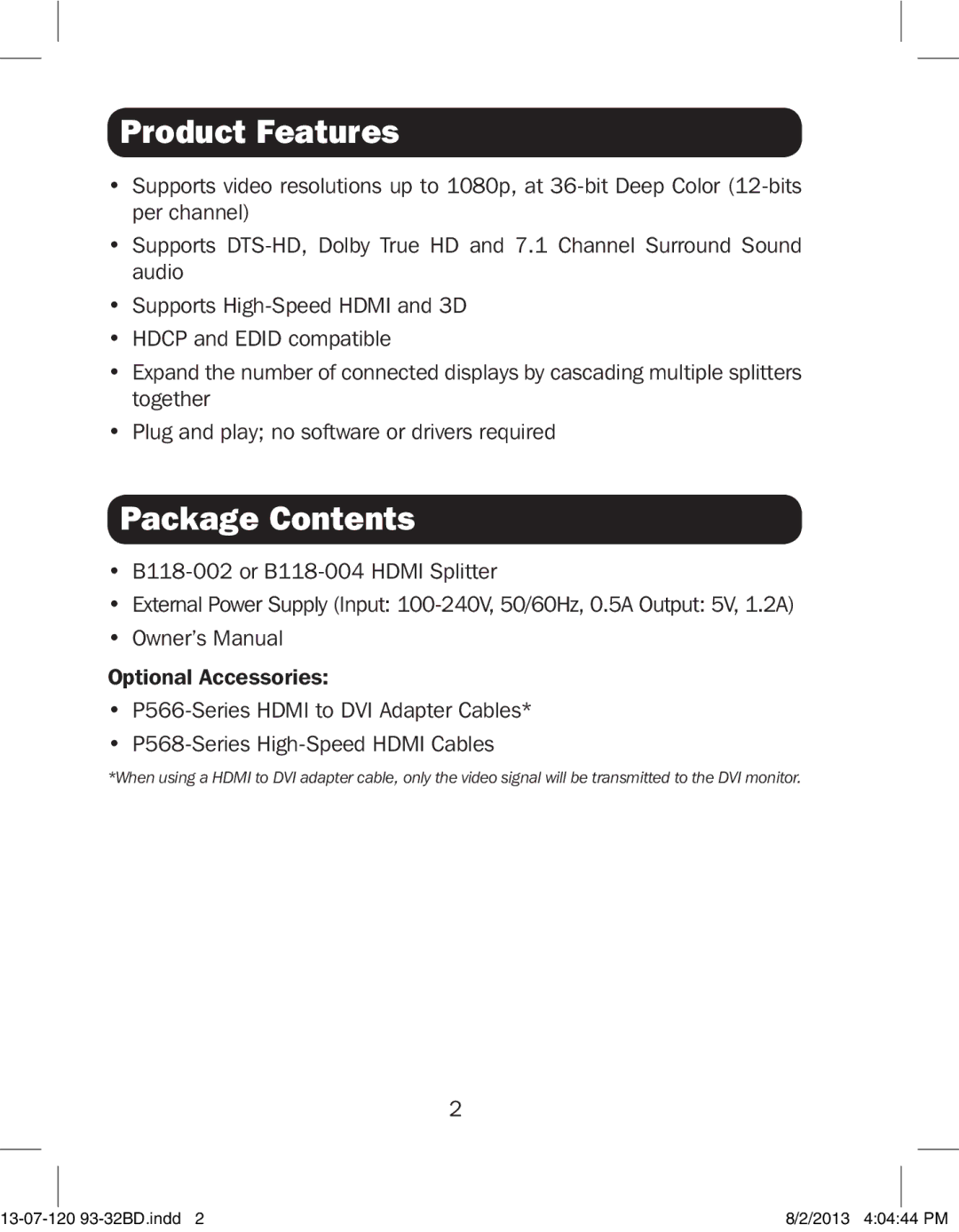 Tripp Lite B118-004, B118-002 owner manual Product Features, Package Contents 