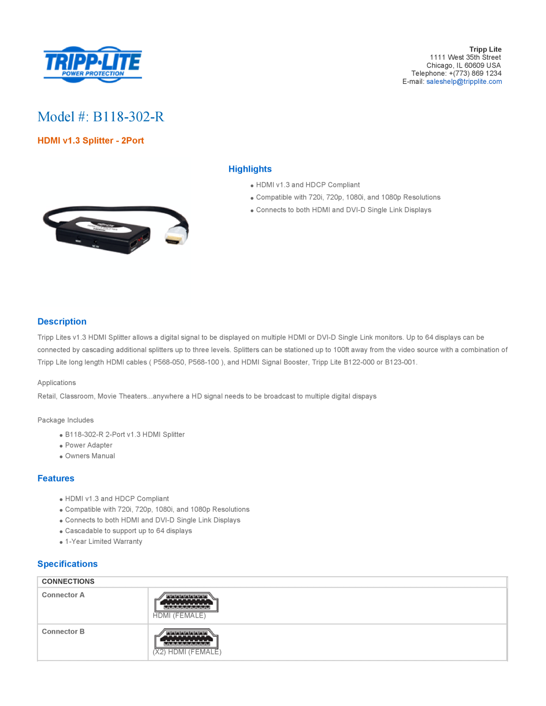 Tripp Lite specifications Connector A, Connector B, Model # B118-302-R, HDMI v1.3 Splitter - 2Port, Highlights 