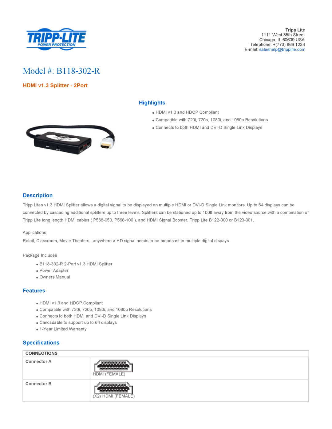 Tripp Lite specifications Model # B118-302-R, Hdmi v1.3 Splitter 2Port 