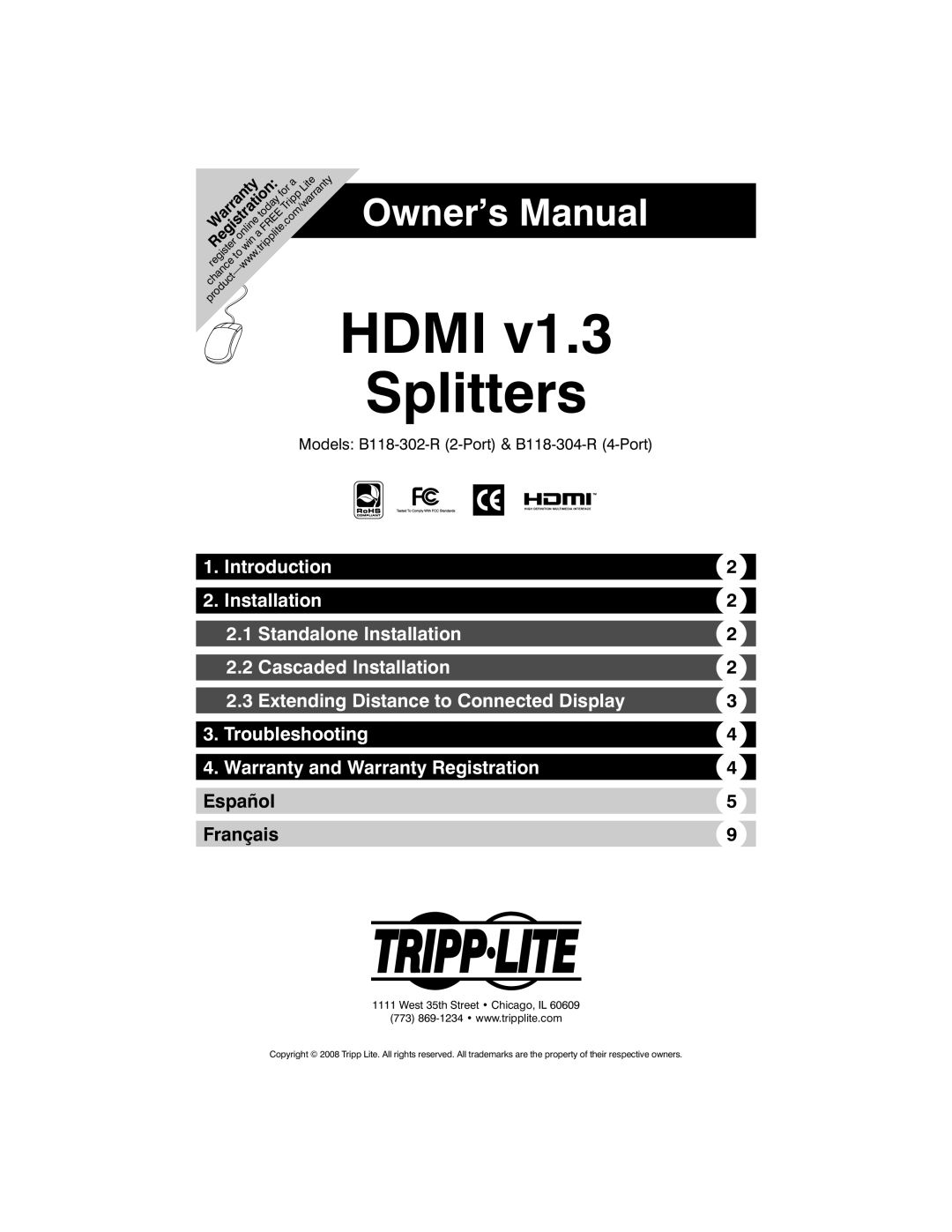 Tripp Lite B118-302-R, B118-304-R owner manual Hdmi Splitters, West 35th Street Chicago, IL 