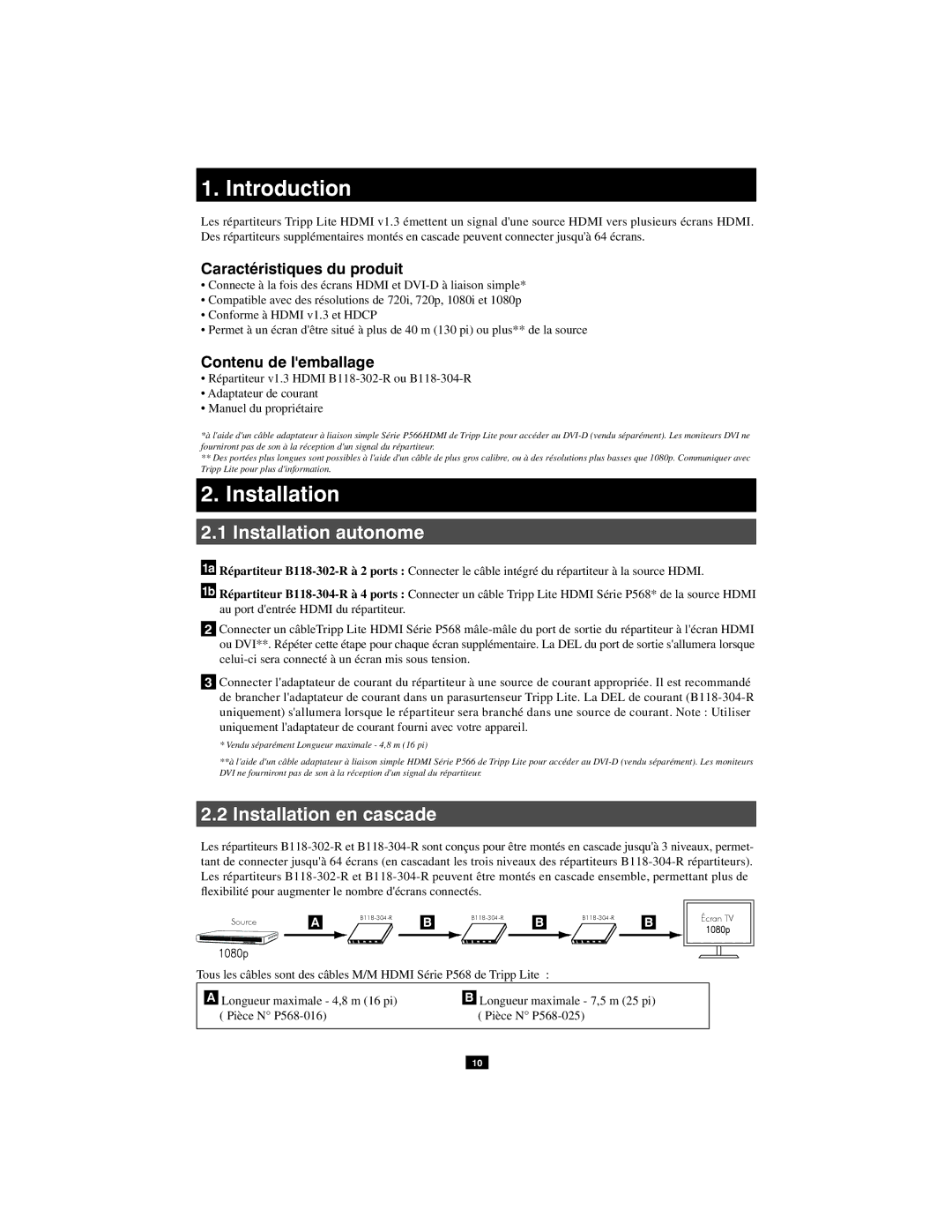 Tripp Lite B118-304-R, B118-302-R Caractéristiques du produit, Contenu de lemballage, Pièce N P568-016 Pièce N P568-025 