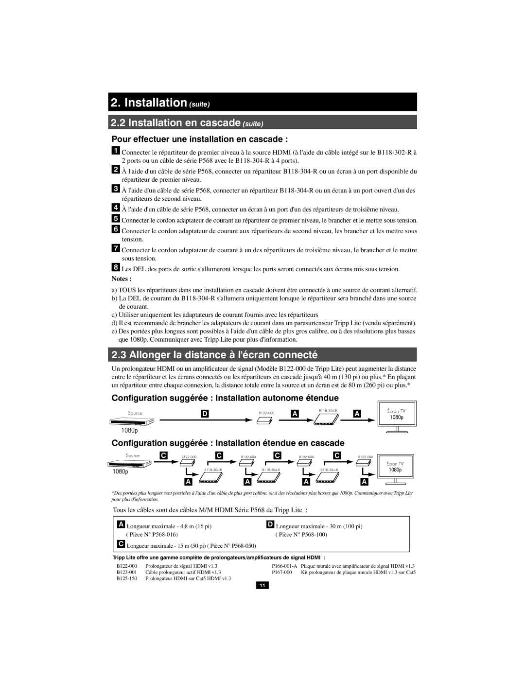 Tripp Lite B118-302-R, B118-304-R owner manual Installation suite, Pour effectuer une installation en cascade 