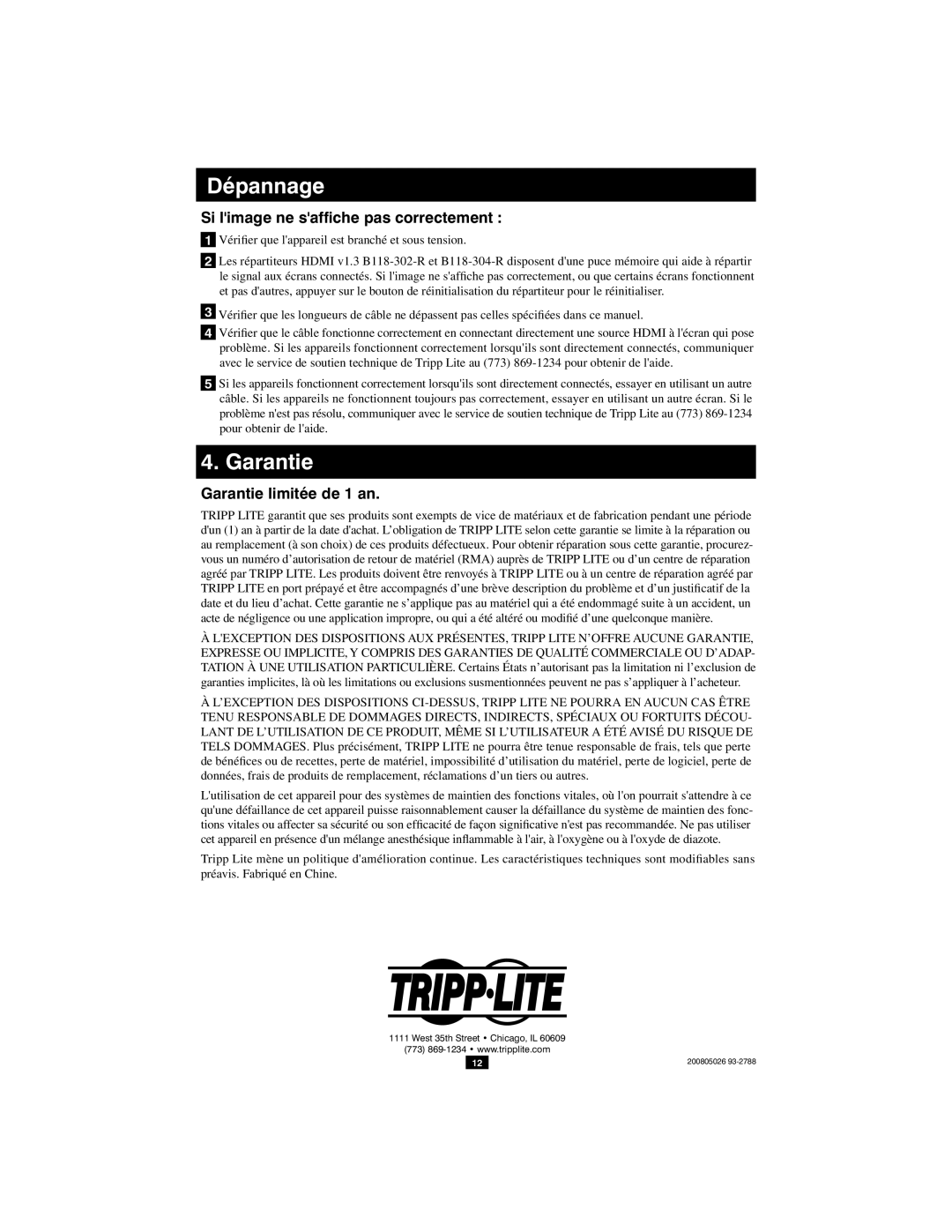 Tripp Lite B118-304-R, B118-302-R Dépannage, Si limage ne safﬁche pas correctement, Garantie limitée de 1 an 