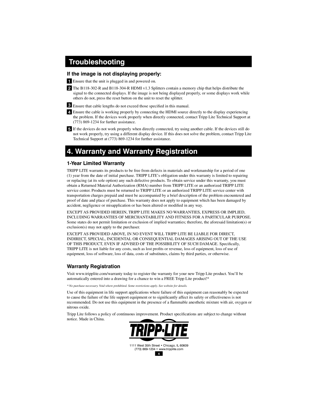 Tripp Lite B118-304-R Troubleshooting, Warranty and Warranty Registration, If the image is not displaying properly 