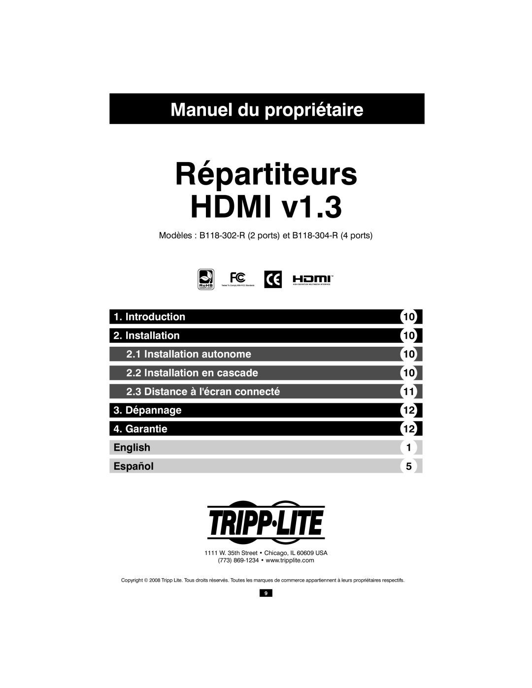 Tripp Lite B118-302-R, B118-304-R owner manual Répartiteurs Hdmi, Th Street Chicago, IL 60609 USA 