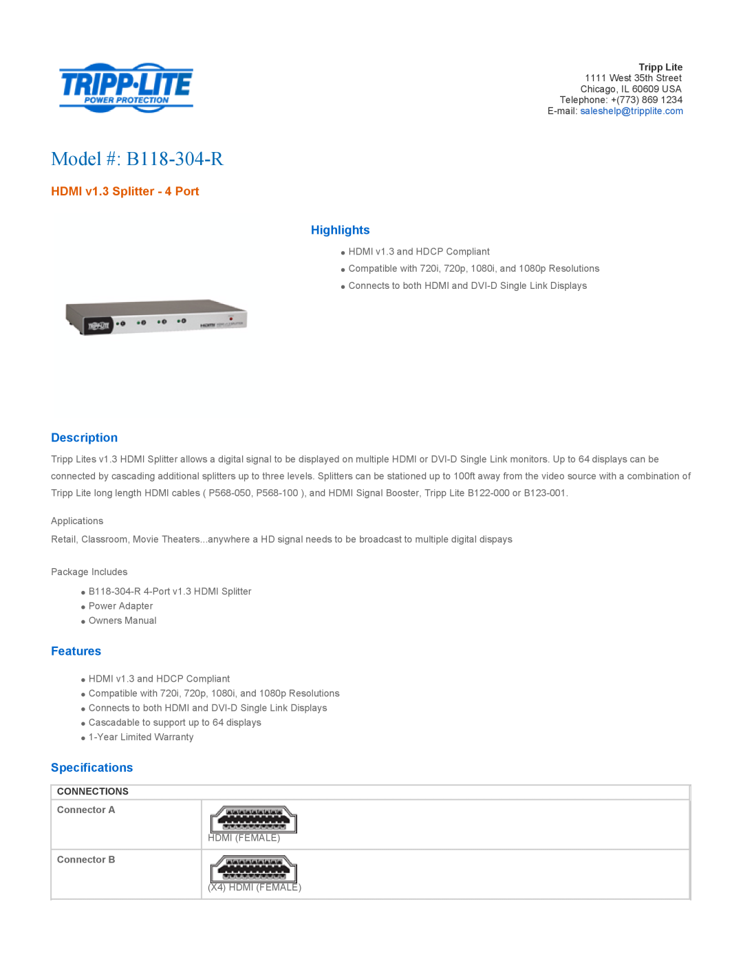 Tripp Lite specifications Connector A, Connector B, Model # B118-304-R, HDMI v1.3 Splitter - 4 Port, Highlights 