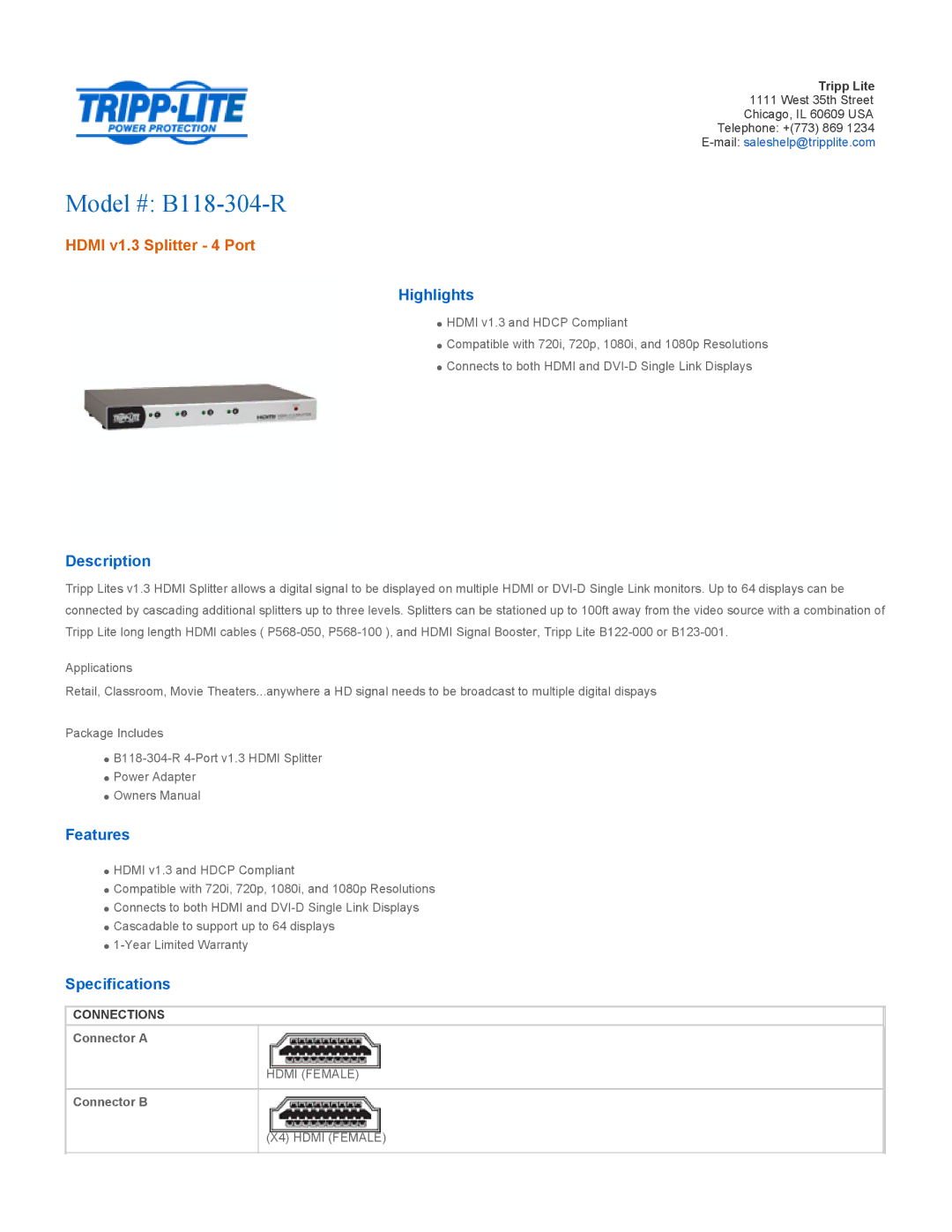 Tripp Lite specifications Model # B118-304-R, Hdmi v1.3 Splitter 4 Port 