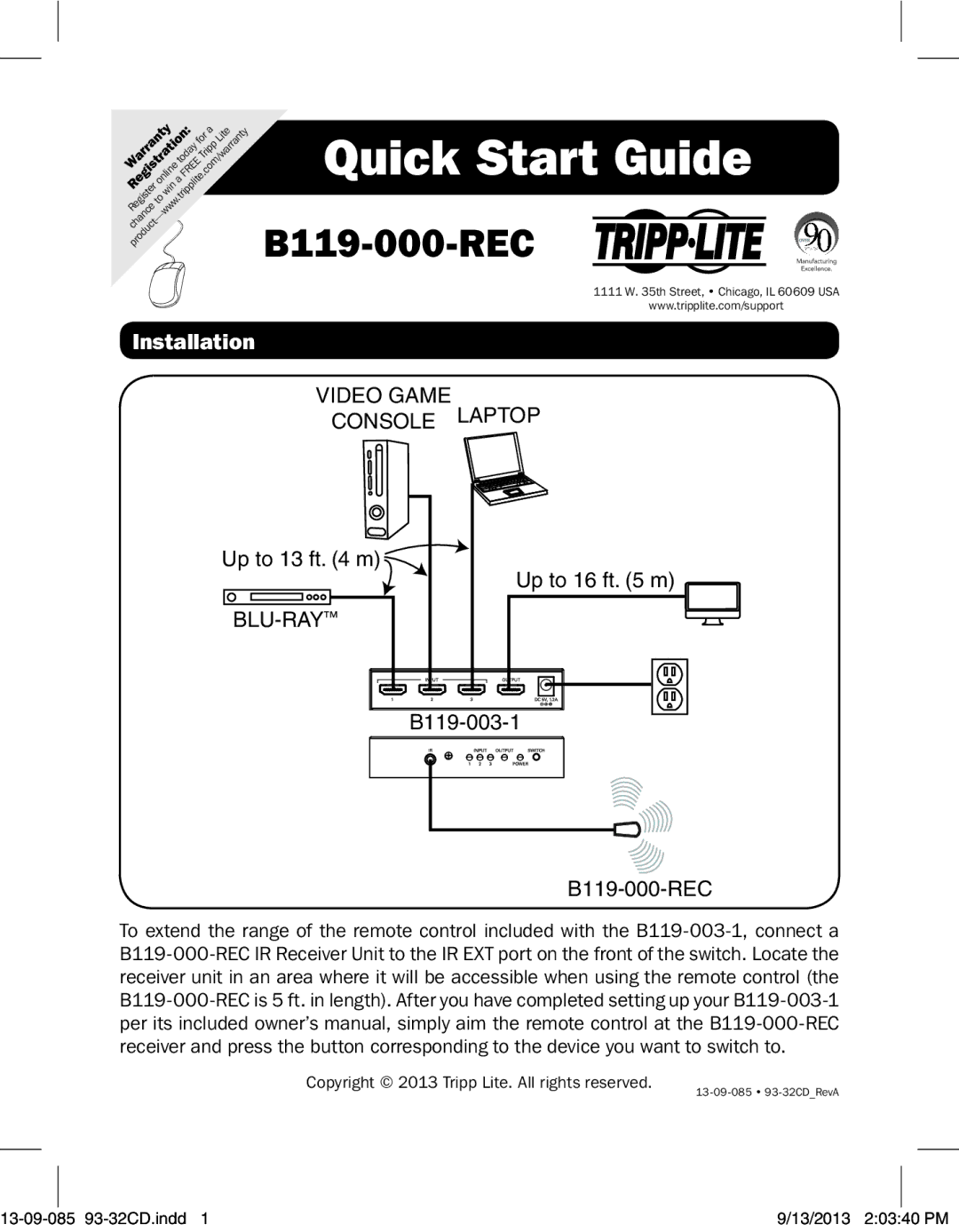 Tripp Lite B119-000-REC, B119-003-1 quick start Quick Start Guide, Installation, Video Game Console Laptop, Blu-Ray 