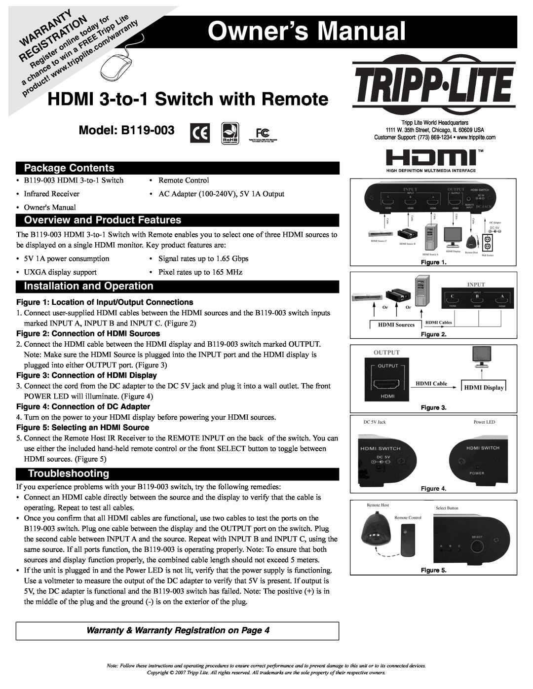 Tripp Lite owner manual HDMI 3-to-1 Switch with Remote, Model B119-003, Package Contents, Overview and Product Features 