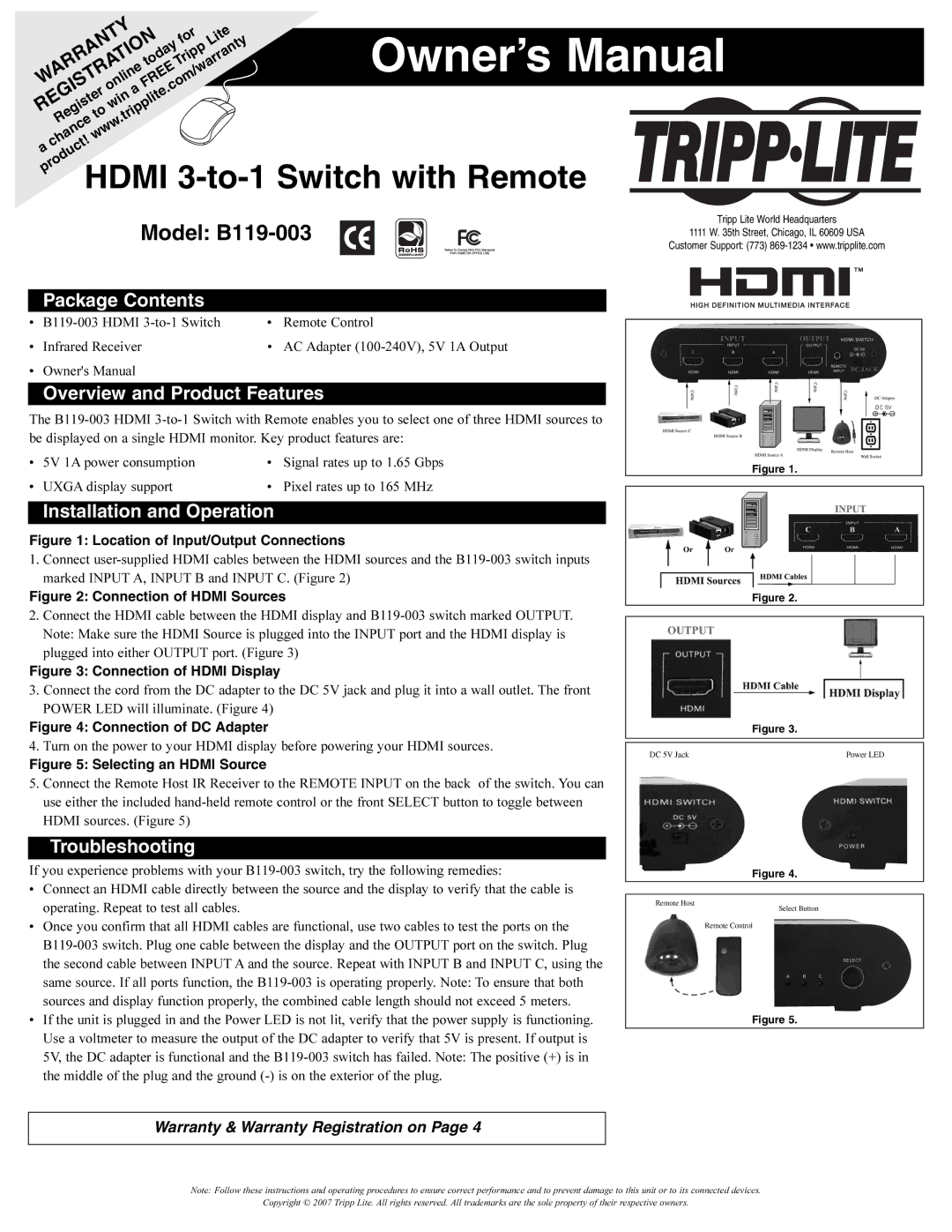 Tripp Lite B119-003 owner manual Package Contents, Overview and Product Features, Installation and Operation 