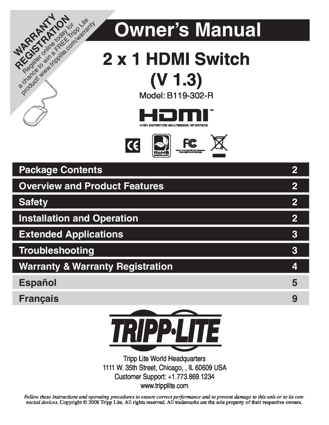 Tripp Lite B119-302-R owner manual 2 x 1 HDMI Switch V, Package Contents, Overview and Product Features, Safety, Español 