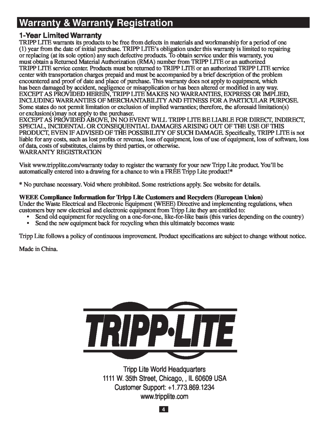 Tripp Lite B119-302-R owner manual Year Limited Warranty, Warranty & Warranty Registration, Tripp Lite World Headquarters 