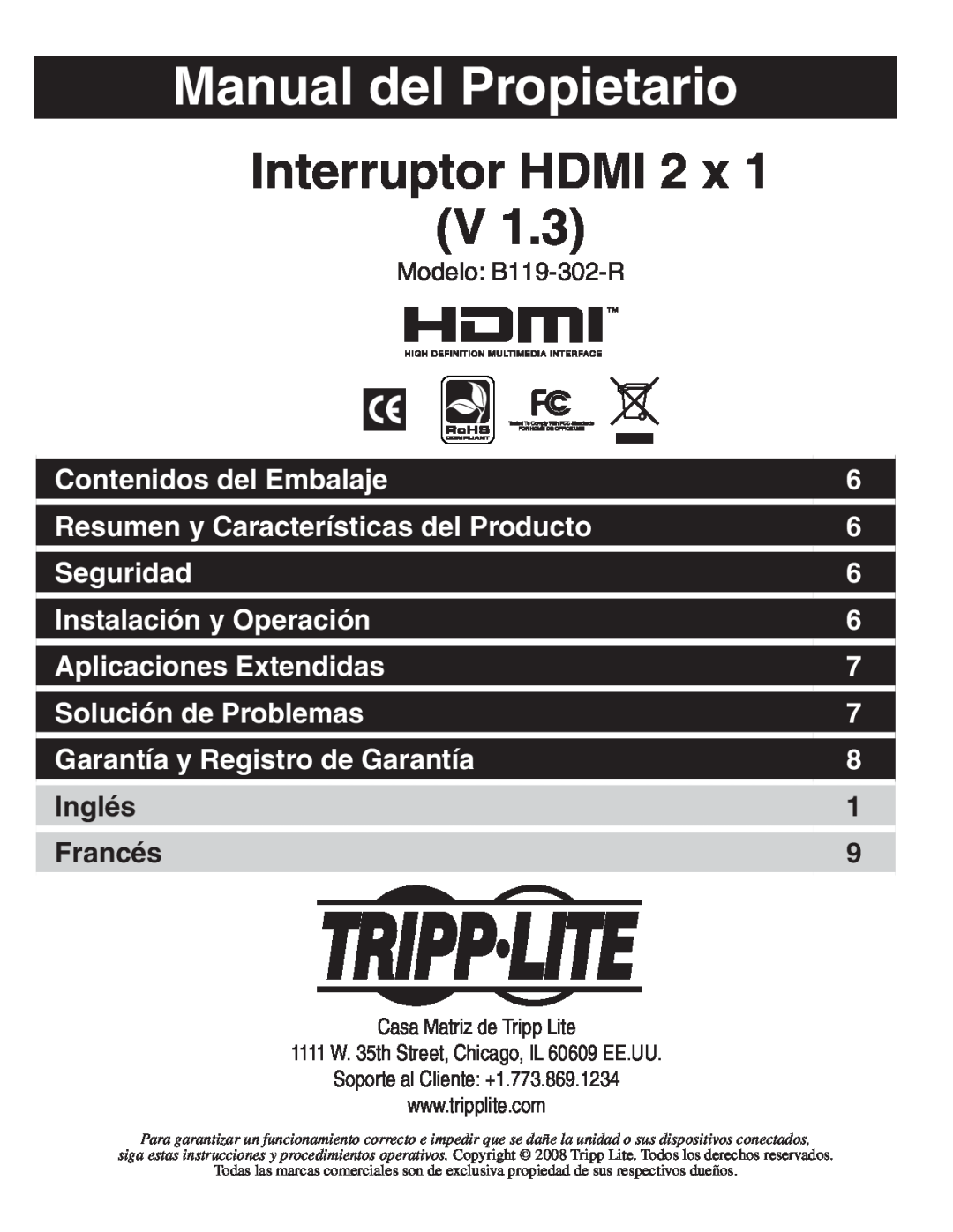 Tripp Lite B119-302-R Manual del Propietario, Interruptor HDMI 2 x V, Contenidos del Embalaje, Seguridad, Inglés, Francés 