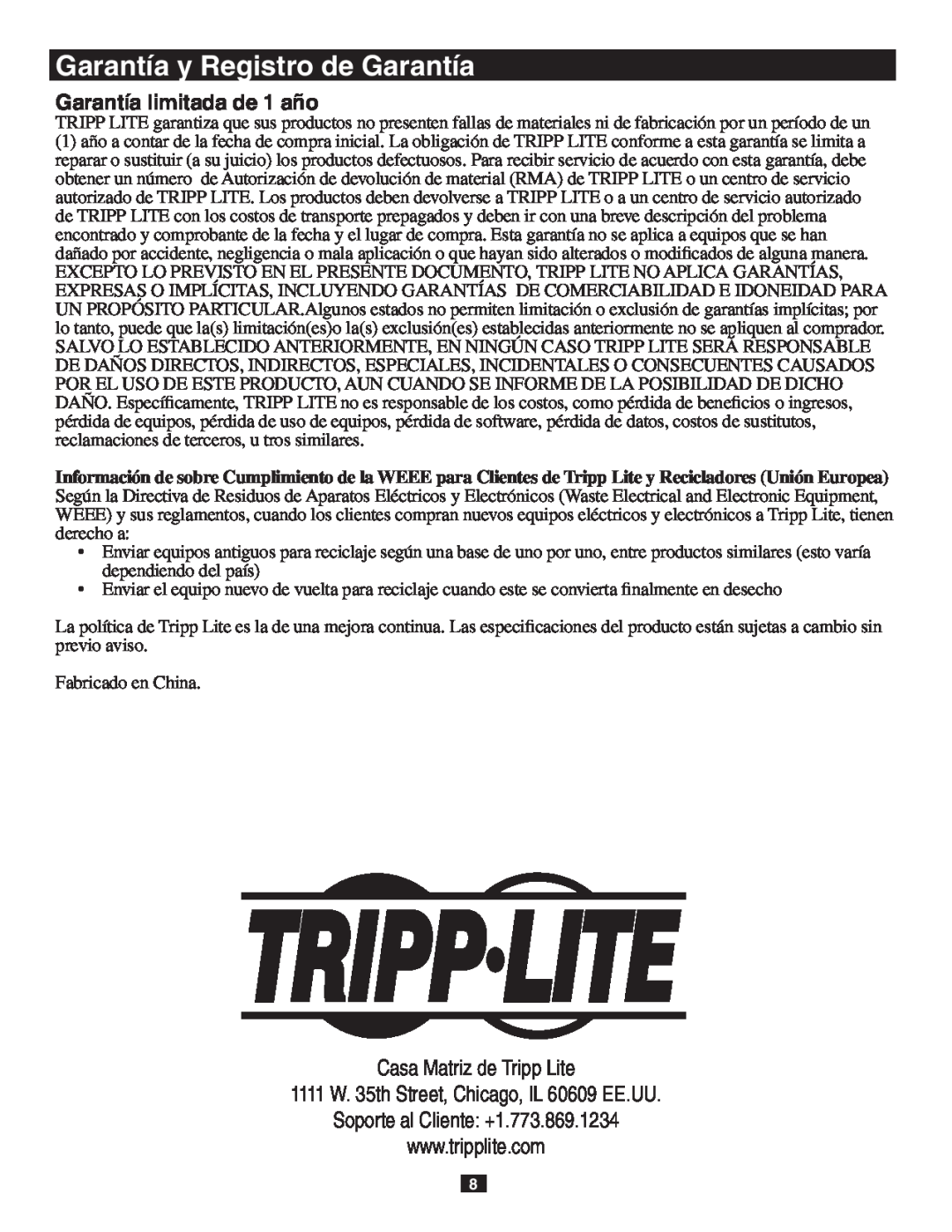 Tripp Lite B119-302-R owner manual Garantía limitada de 1 año, Garantía y Registro de Garantía, Casa Matriz de Tripp Lite 