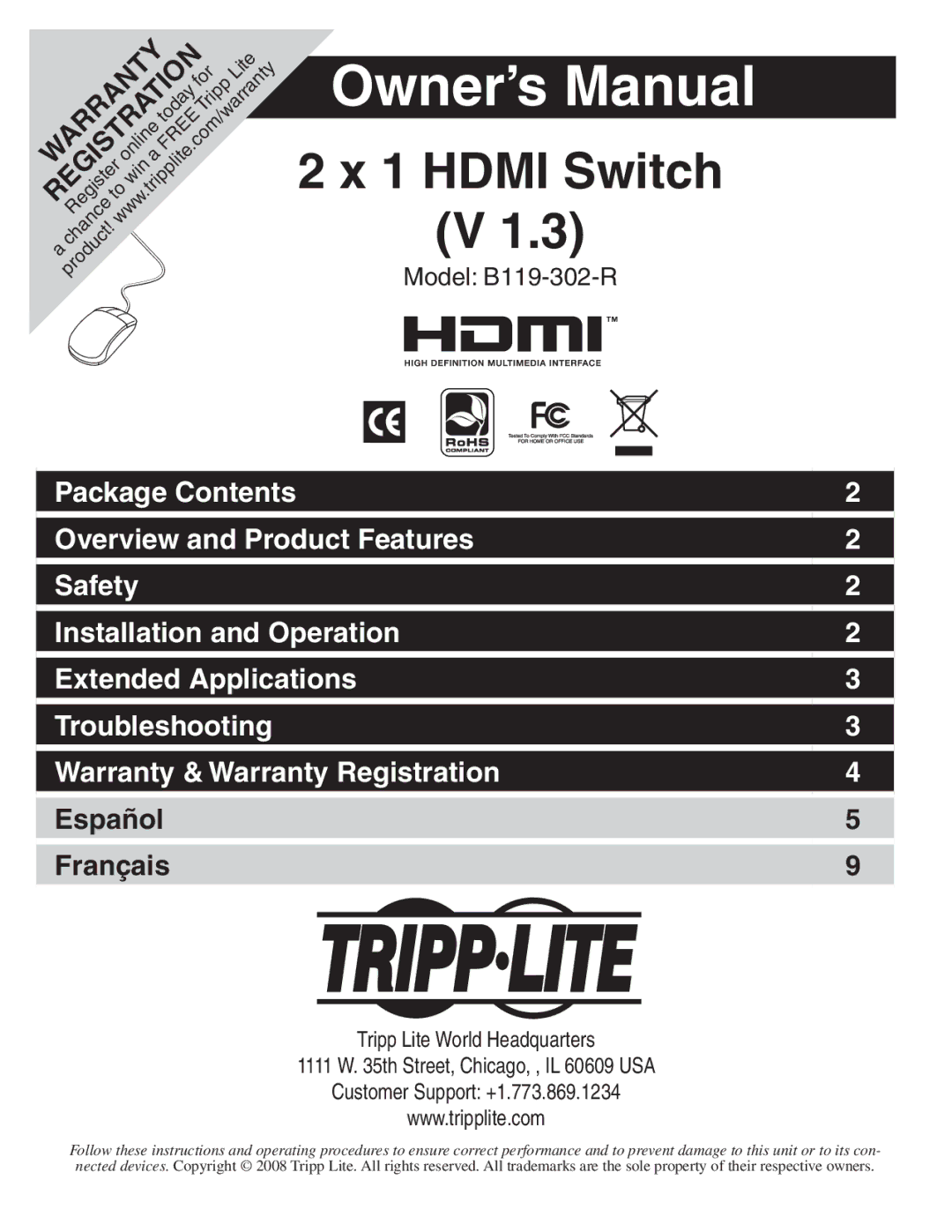 Tripp Lite B119-302-R owner manual Hdmi Switch 