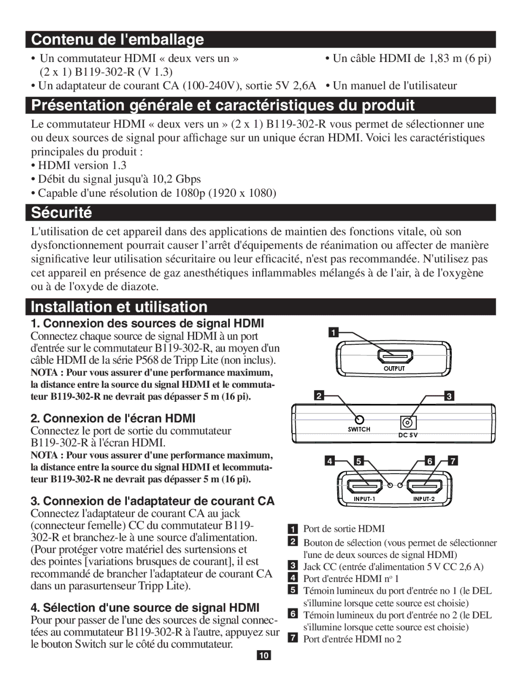 Tripp Lite B119-302-R Connexion des sources de signal Hdmi, Connexion de lécran Hdmi, Sélection dune source de signal Hdmi 