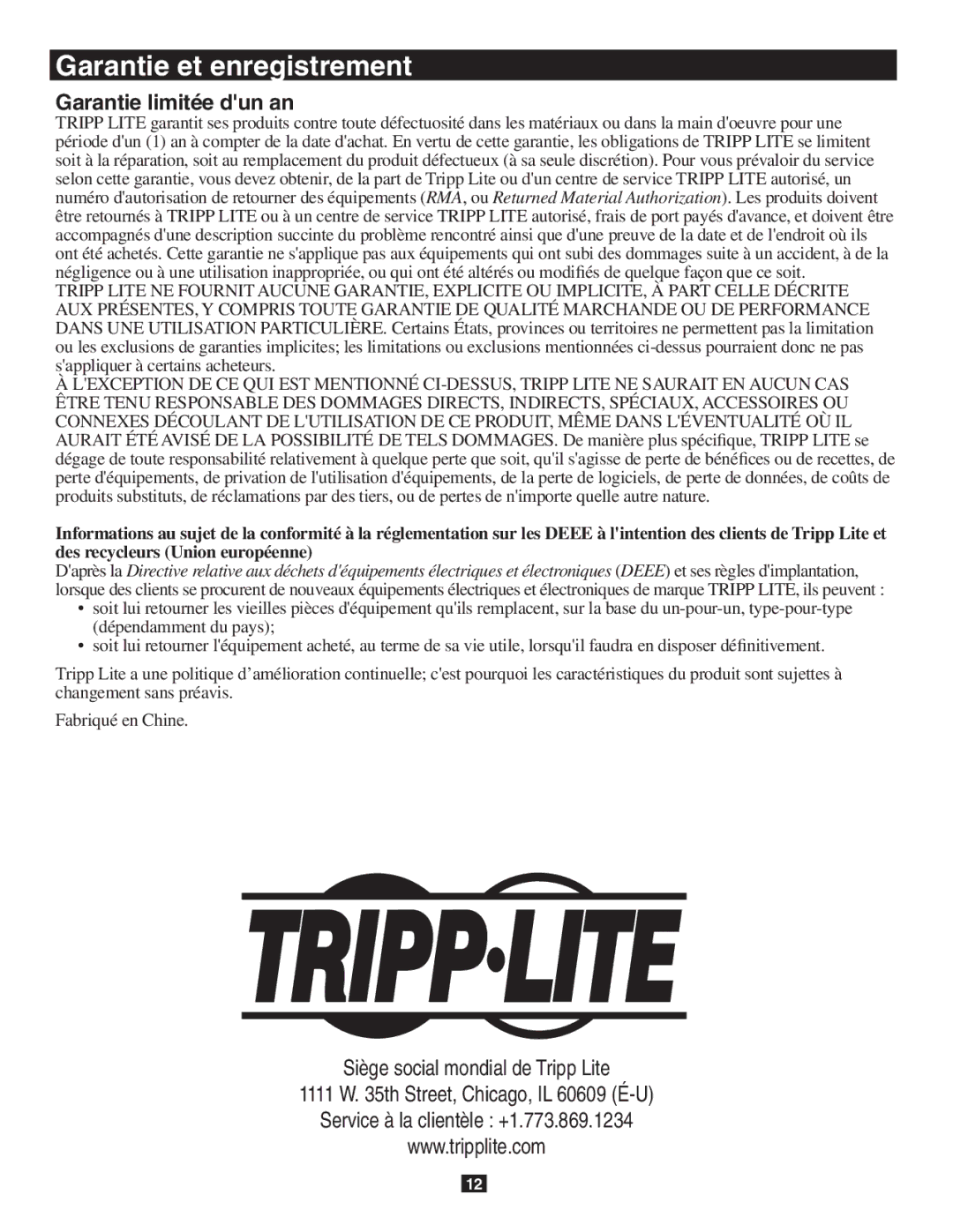 Tripp Lite B119-302-R owner manual Garantie limitée dun an 