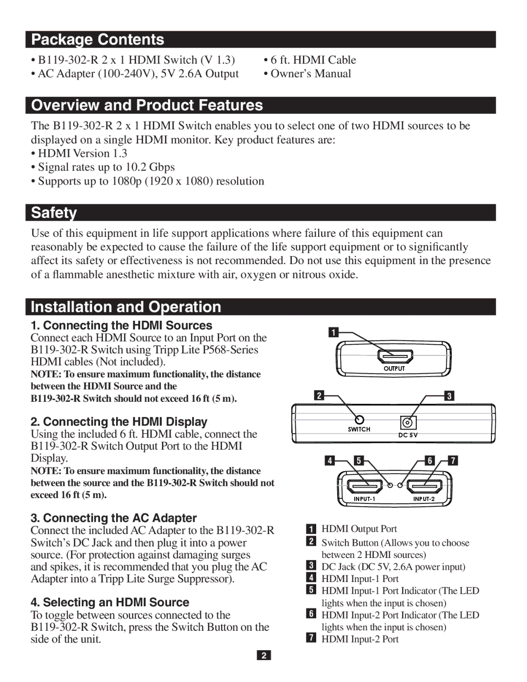 Tripp Lite B119-302-R owner manual Connecting the Hdmi Sources, Connecting the Hdmi Display, Connecting the AC Adapter 