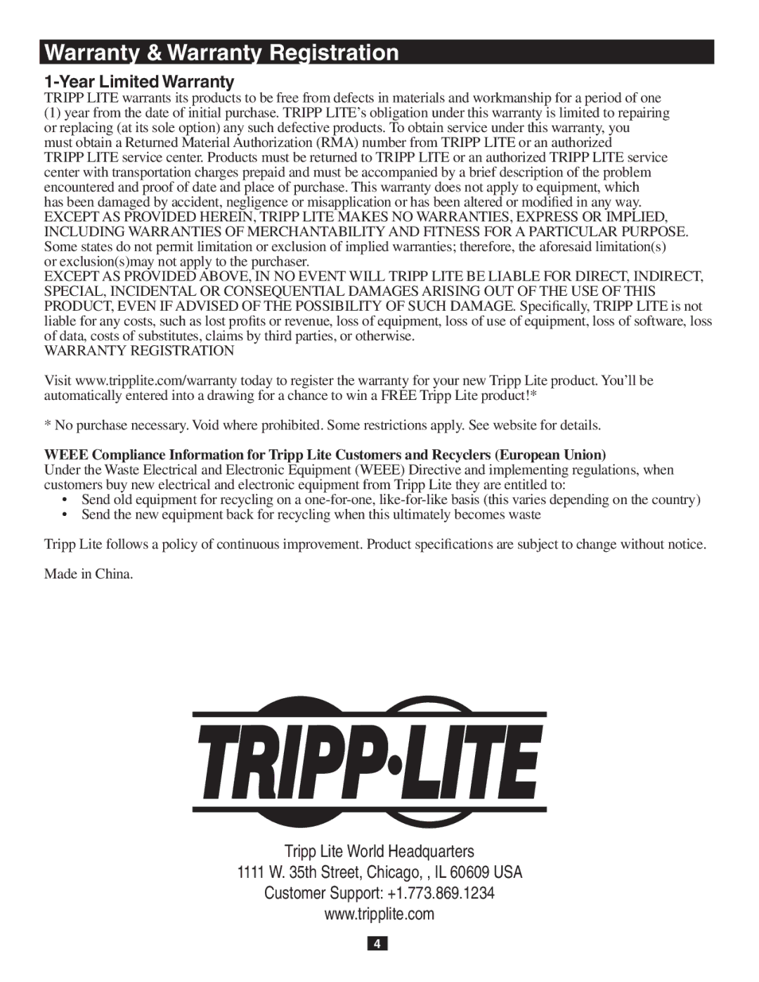 Tripp Lite B119-302-R owner manual Year Limited Warranty, Warranty Registration 