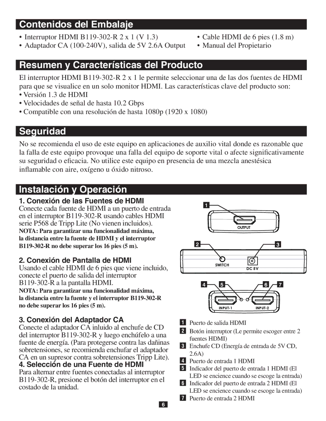 Tripp Lite B119-302-R owner manual Conexión de las Fuentes de Hdmi, Conexión de Pantalla de Hdmi, Conexión del Adaptador CA 