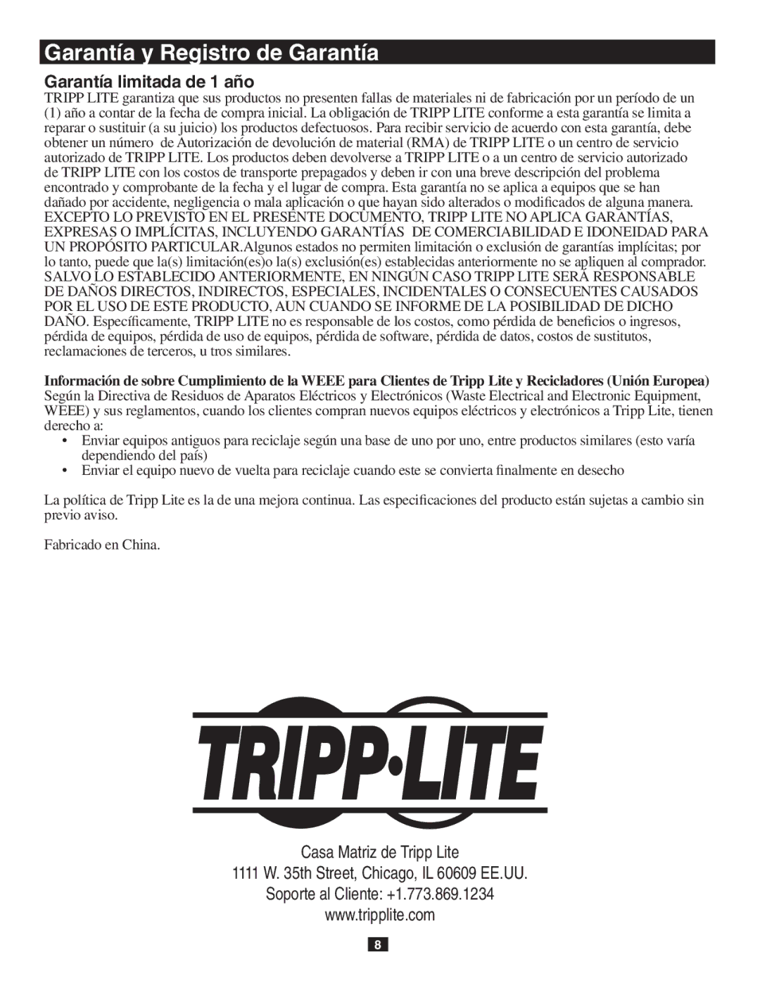 Tripp Lite B119-302-R owner manual Garantía limitada de 1 año 