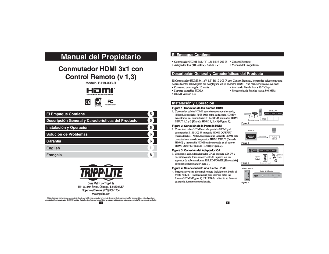 Tripp Lite B119-303-R Manual del Propietario, Conmutador HDMI 3x1 con Control Remoto v 1,3, El Empaque Contiene, Garantía 